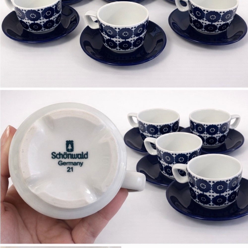 Schönwald Germany 21 Blue and White Floral Teacup and Saucer Set